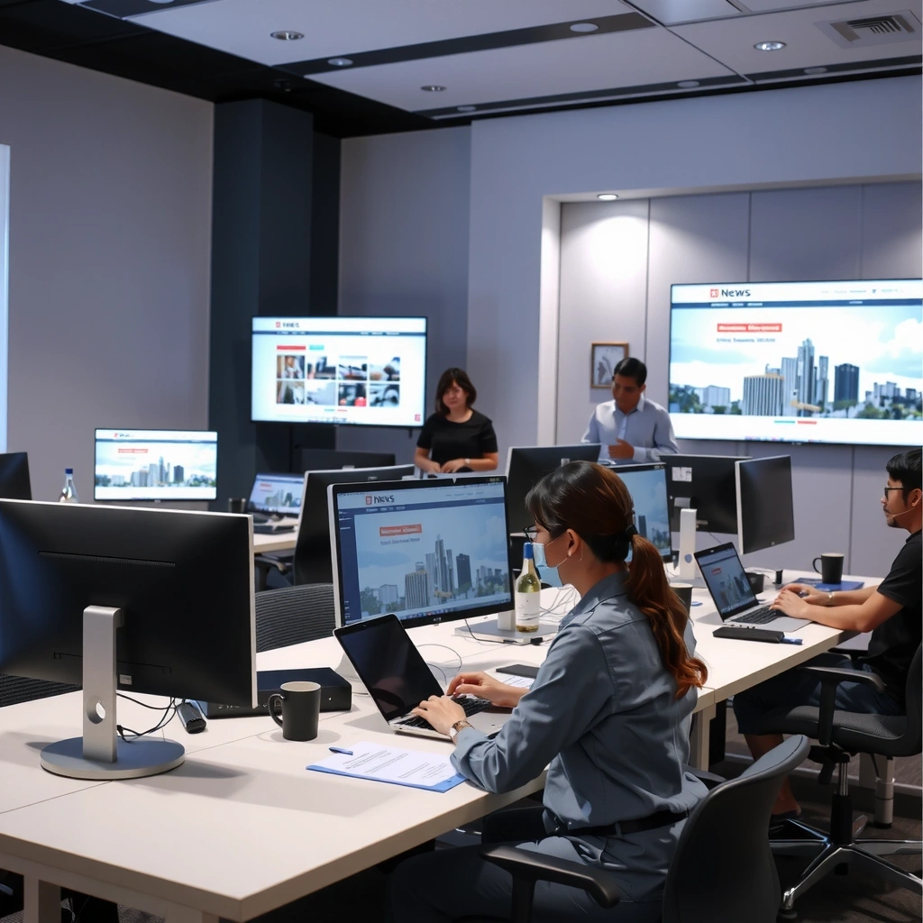 Professional news team at work